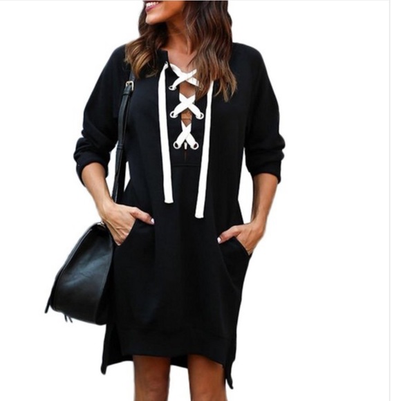 Lace up front Cozy sweatshirt dress - Picture 2 of 4